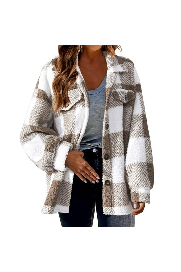 Plaid Shacket Jacket Women, Long Sleeve Button Fuzzy Shirts, Oversized Fleece Warm Shacket Trendy Teddy Coats Long Ladies Winter Coat Khaki XL