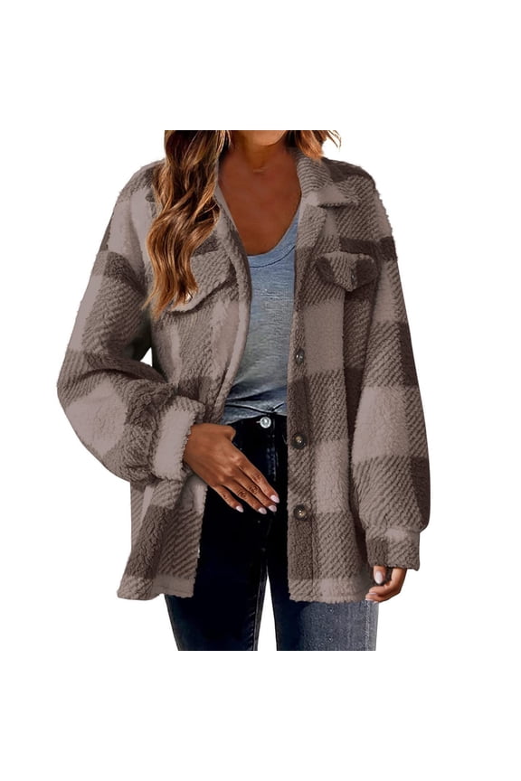 Plaid Shacket Jacket Women, Long Sleeve Button Fuzzy Shirts, Oversized Fleece Warm Shacket Trendy Teddy Coats Packable Jacket Women Coffee XXL