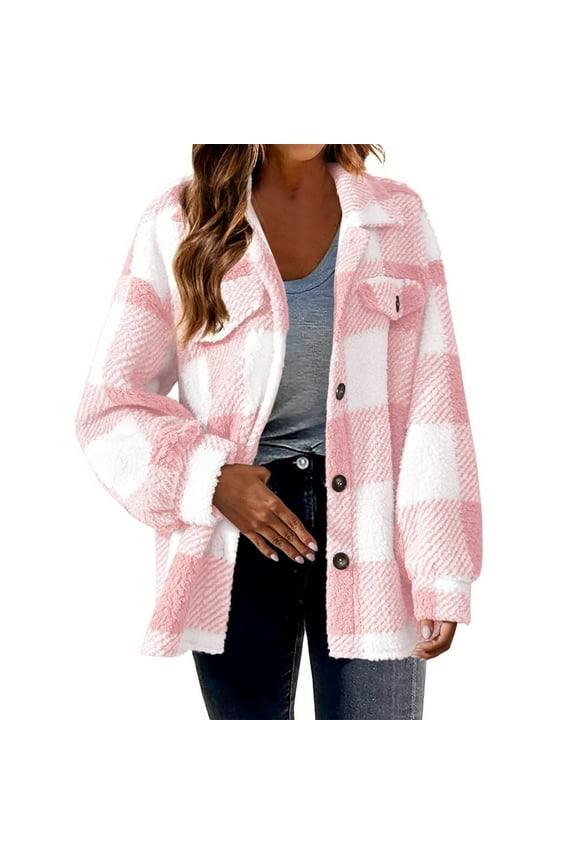 Plaid Shacket Jacket Women, Long Sleeve Button Fuzzy Shirts, Oversized Fleece Warm Shacket Trendy Teddy Coats Zip up Fleece Hoodie Women XL