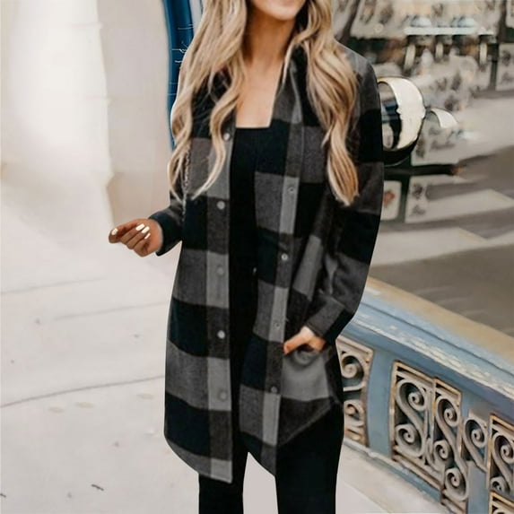 Plaid Shacket Jackets Shirts for Women Autumn And Winter Casual Plaid Shirt Medium Long Sleeve Coat Pocket Plaid Plus Size Coat Tops