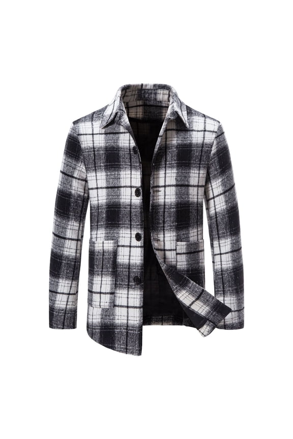 Plaid Shacket for Men Long Sleeve Tweed Short Jacket with Pockets Windproof Winter Fall Street Trendy Outfits Black S