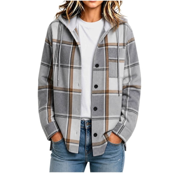 Plaid Shacket for Women Flannel Hooded Button Down Shirt Jacket with Chest Pocket Drawstring Hood Casual Fall Winter Coat