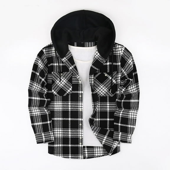 Plaid Shackets Jackets for Men with Pockets and Hood Button-Down Shirts Mens Casual Lightweight Long Sleeve Office Work Outerwear Coats