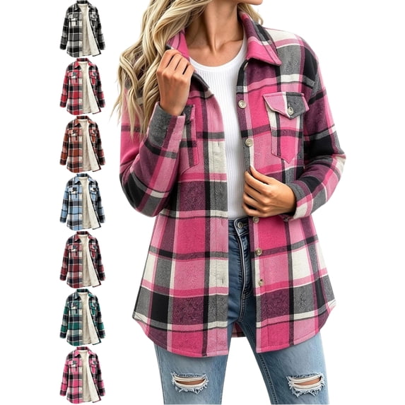 Plaid Shackets for Women Casual Collared Button Front Long Sleeve Oversized Loose Fit Outerwear