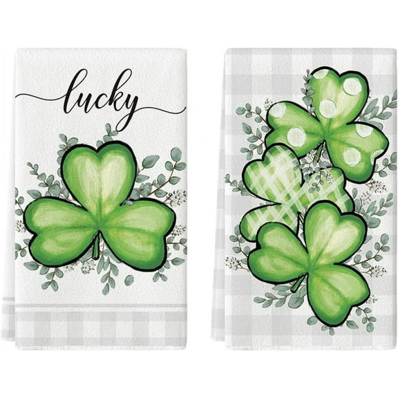Plaid Shamrock Eucalyptus St. Patrick''s Day Kitchen Towels Dish Towels, 18x26 Inch Lucky Farmhouse Holiday Decoration Hand Towels Set of 2