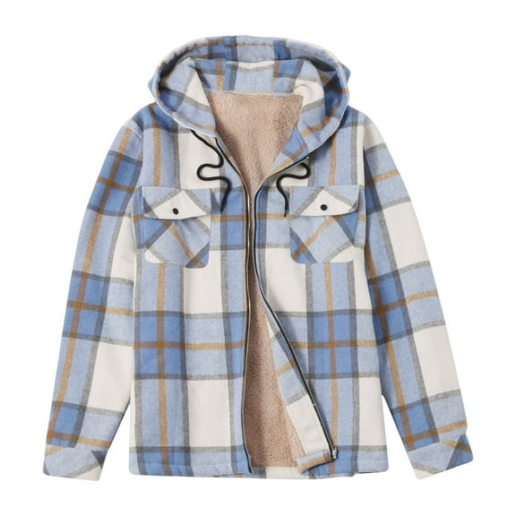Plaid Sherpa Lined Jackets for Men and Teen Boys Long Sleeve Fleece Thick Zip Up Hoodie Plaid Shackets Outerwear (Medium, Blue)