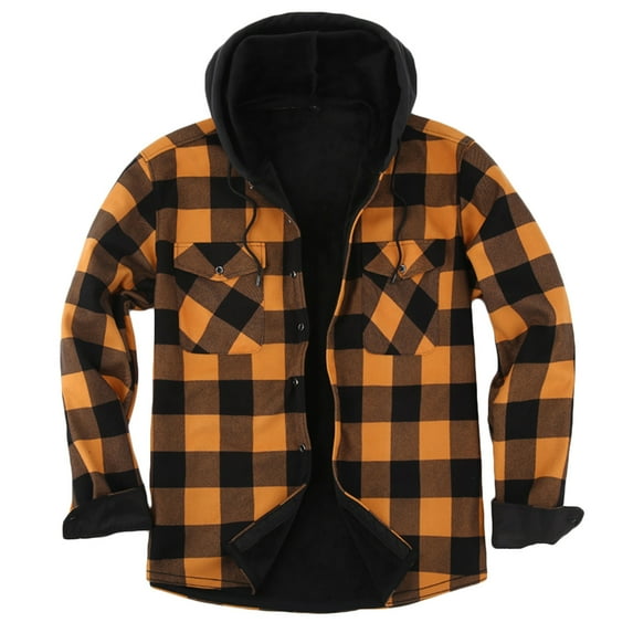 Plaid Sherpa Lined Jackets for Men and Teen Boys Long Sleeve Fleece Thick Zip Up Hoodie Plaid Shackets Outerwear (X-Large, Yellow 01)