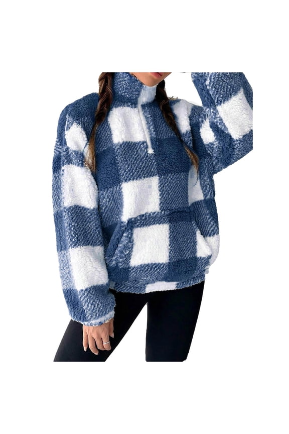 Plaid Sherpa Sweatshirt for Women Half Zip Up Cropped Pullover Soft Fuzzy Fleece Tops Fall Winter Clothes