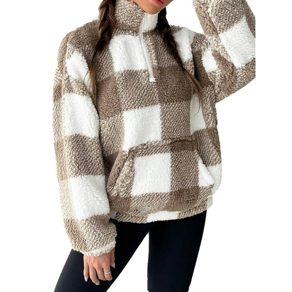 Plaid Sherpa Sweatshirt for Women Half Zip Up Cropped Pullover Soft Fuzzy Fleece Tops Fall Winter Clothes
