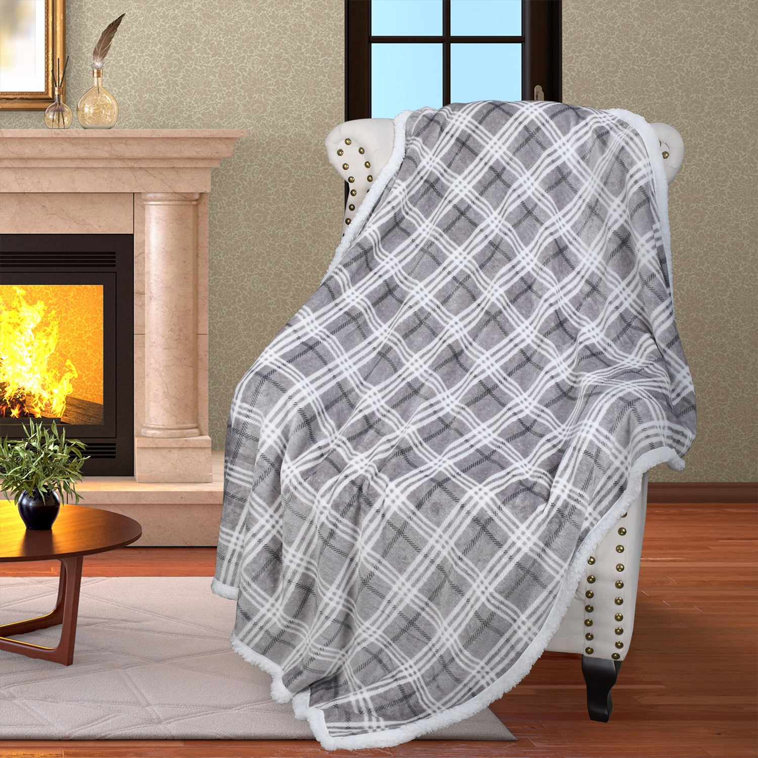Plaid Grey Reversible Sherpa Fleece Throw Blanket, 50x60 inches