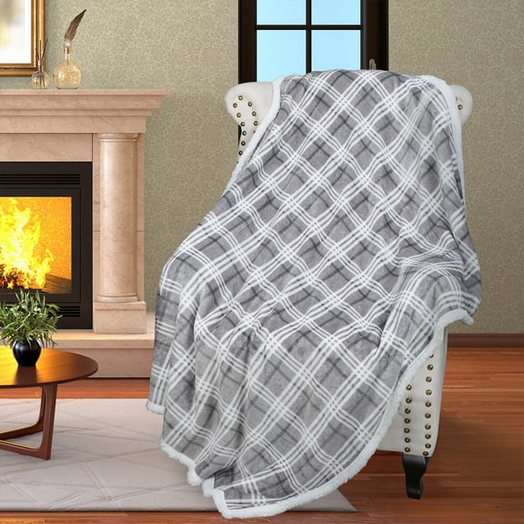 Plaid Sherpa Throw Blanket 50" x 60", for Couch and Bed, Super Soft Comfort Caring Gift