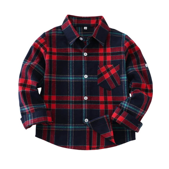 Plaid Shirt Boys Casual Button Down Shirts Long Sleeve School Lapel Collar Top Fall Winter Jacket Coats with Pocket