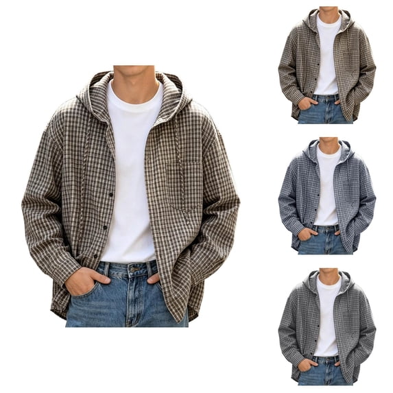 Plaid Shirt Jacket Men Fall Winter Long Sleeve Loose Casual Button Down Drawstring Hooded Shirt Work Shirts Outerwear