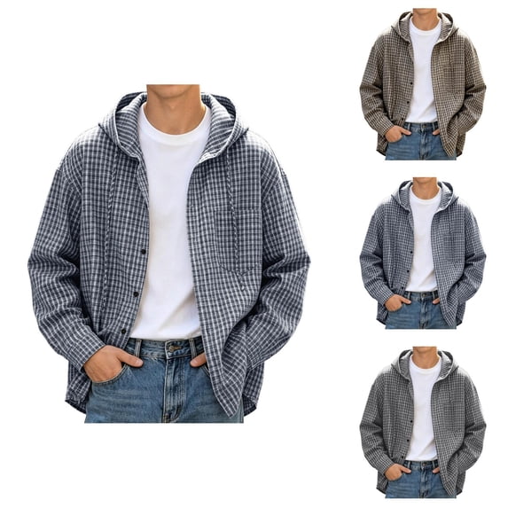 Plaid Shirt Jacket Men Fall Winter Long Sleeve Loose Casual Button Down Drawstring Hooded Shirt Work Shirts Outerwear