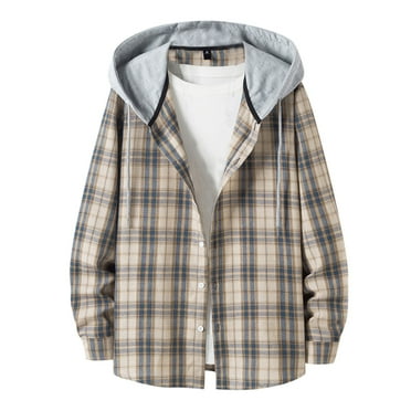 Plaid Shirt Jacket for Men Long Sleeve Casual Hooded Fall Coats Button-Up Hoodies Shirt Outwear