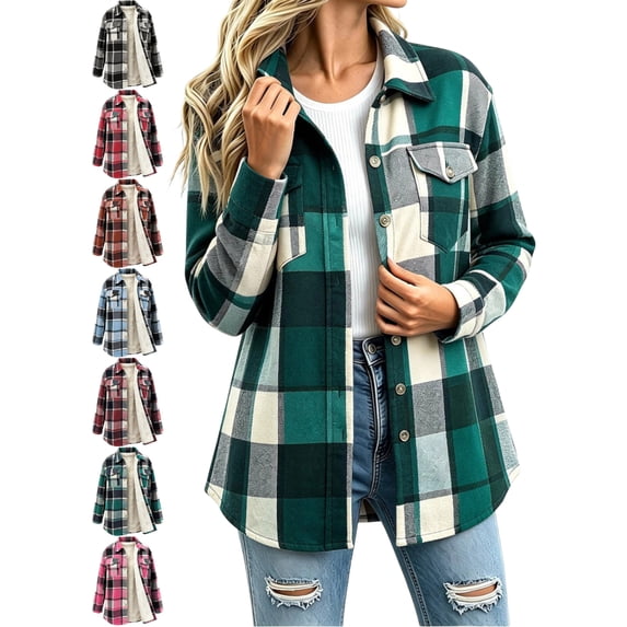 Plaid Shirt Jackets for Women Casual Collared Button Front Long Sleeve Oversized Loose Fit Outerwear