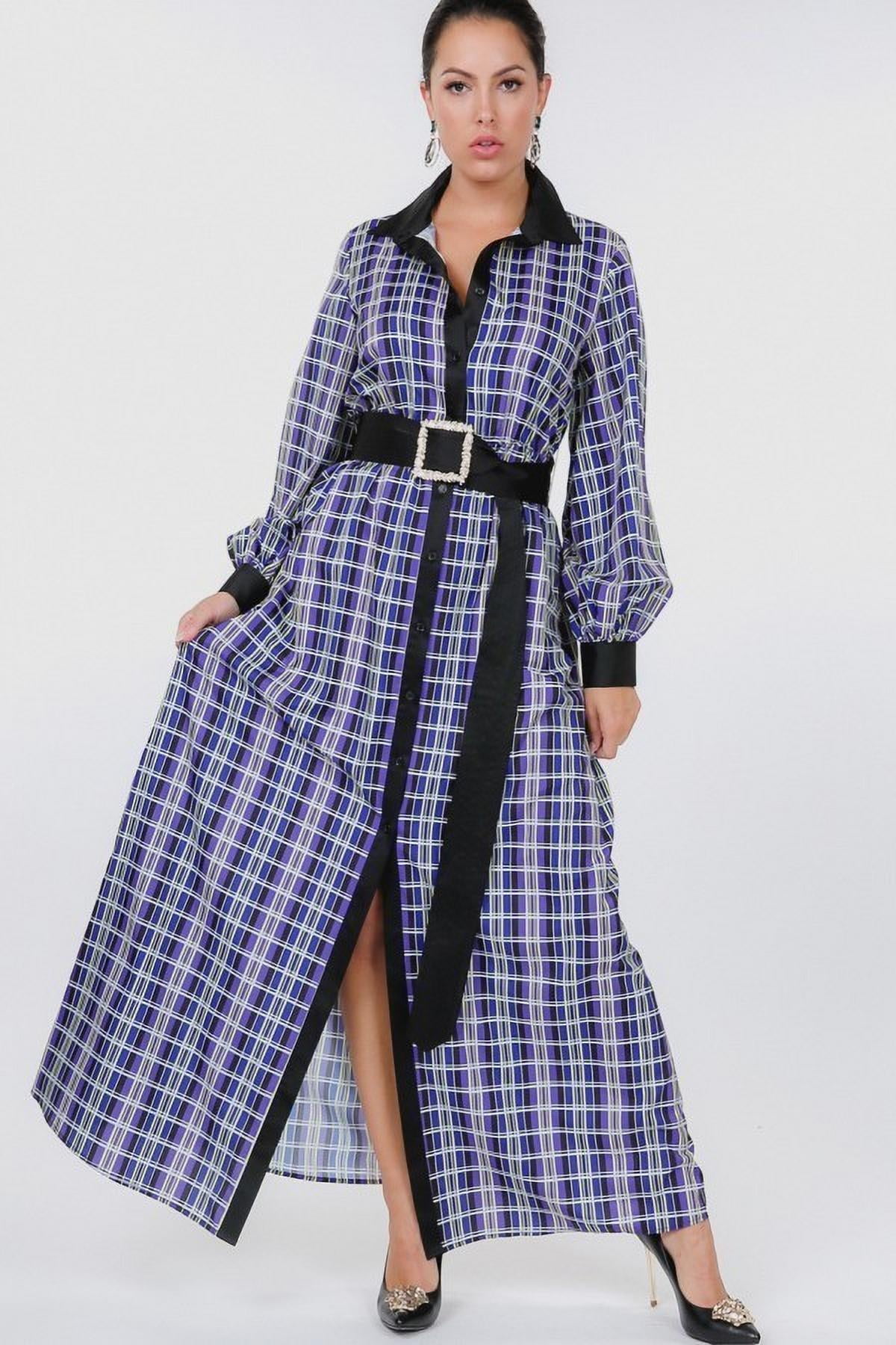 Plaid Shirt Maxi Dress With Gold Buckle Belt L - Walmart.com