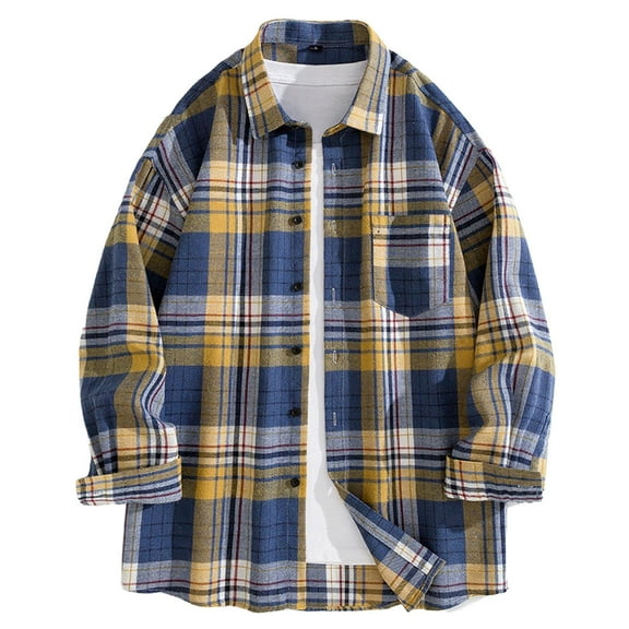Plaid Shirt Men Button Down Shirts Regular Fit Long Sleeve Casual Blouse Turn-down Collar Cardigan