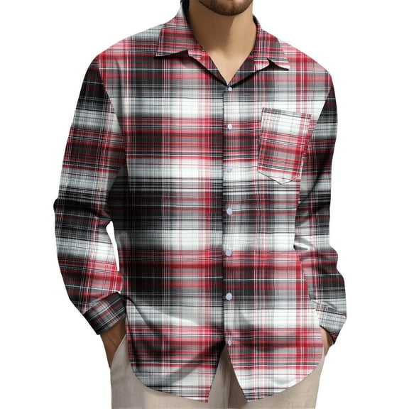 Plaid Shirt Men Button Down Plaid Printed Top Casual Long Sleeved Lapel Top Breathable Loose Fall Clothes for Men Comfortable Baggy Soft Workout Tops Lightweight Lapel Business Shirt Trendy