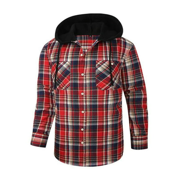 Plaid Shirt Men Button-Up Long Sleeve Hoodie Lightweight Casual Stylish Shirt Jackets Classic Checkered Shacket with Pocket OIOLOYJM Watermelon Red XL