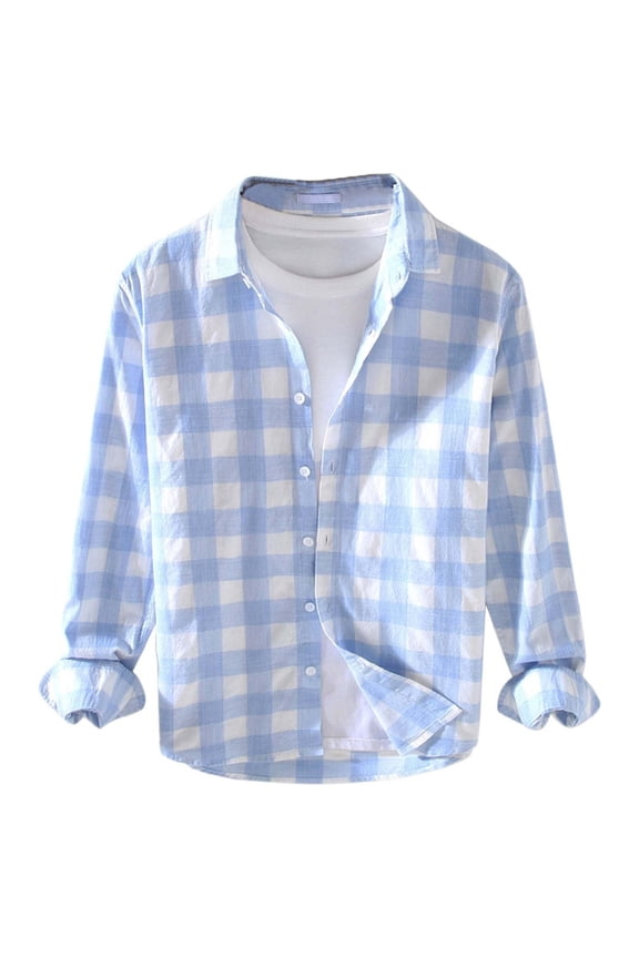 Plaid Shirt Men Long Sleeve Casual Fashion Collar Regular Fit Plaid Shirt Lightweight Comfor Spring Flannel Classic Basic Blouse With Pocket Light Blue XXXL/6