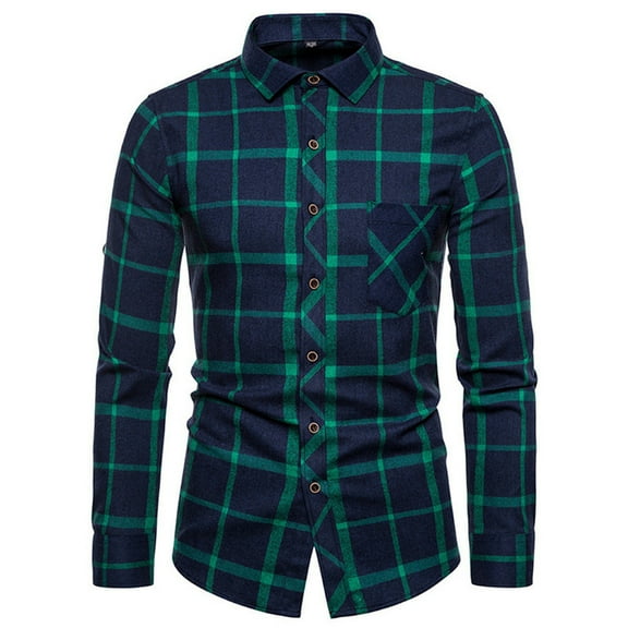 Plaid Shirt Men Long Sleeve Casual Fashion Regular Fit Collar Plaid Shirt Comfor Lightweight Fall Flannel Classic Basic Tops With Pocket Green 44