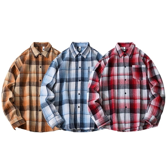 Plaid Shirt Men Long Sleeve Casual Flannel Button Down Lapel Tops Plus Size Loose Winter Daily Mens Shirts Coffee L
