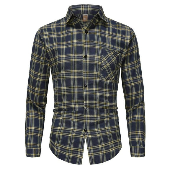Plaid Shirt Men Long Sleeve Fashion Casual Collar Regular Fit Plaid Shirt Breathable Lightweight Fall Flannel Classic Basic Tops With Pocket Navy M