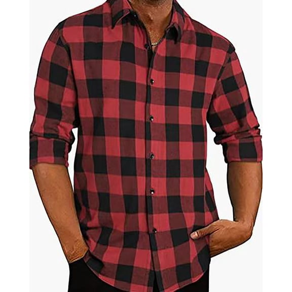 Plaid Shirt Men Long Sleeve Fashion Casual Collar Regular Fit Plaid Shirt Comfortable Lightweight Spring Flannel Classic Basic Blouse With Pocket Red M