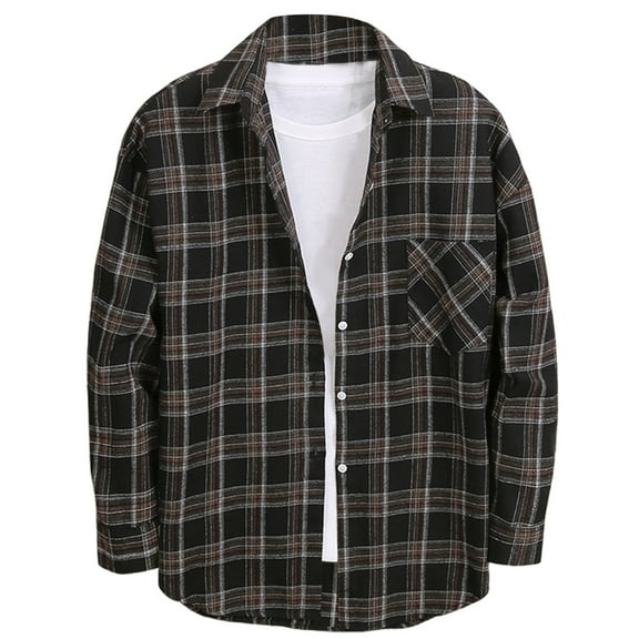 Plaid Shirt Men Long Sleeve Shirt Button Turn Down Collar Loose Fit Casual Shirt Jacket Spring Black L