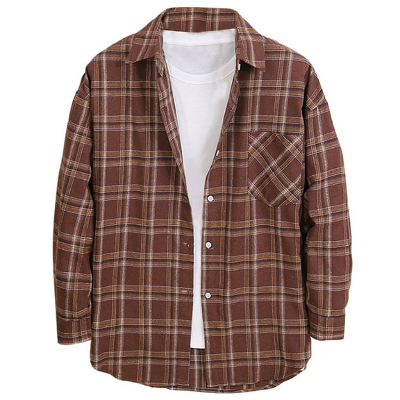 Plaid Shirt Men Long Sleeve Shirt Button Turn Down Collar Loose Fit Casual Shirt Jacket Spring Coffee M