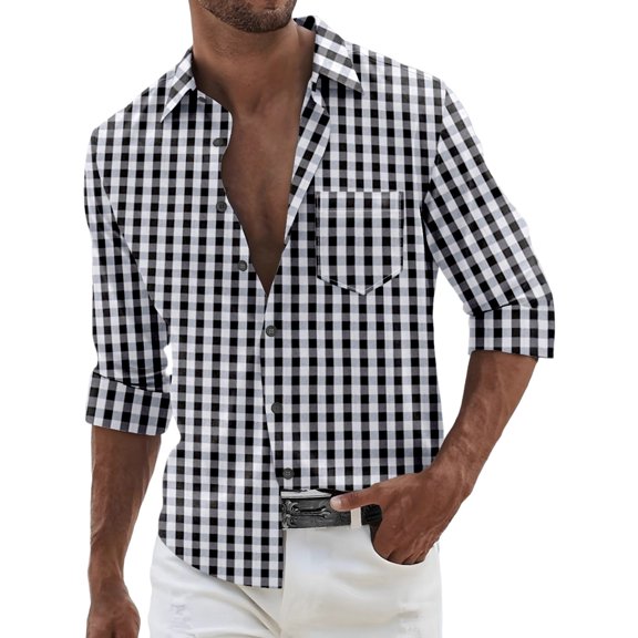 Plaid Shirt Men Long Sleeve Shirt Turn Down Collar Woven Open Front Pocket Decor Casual Shirt Black L