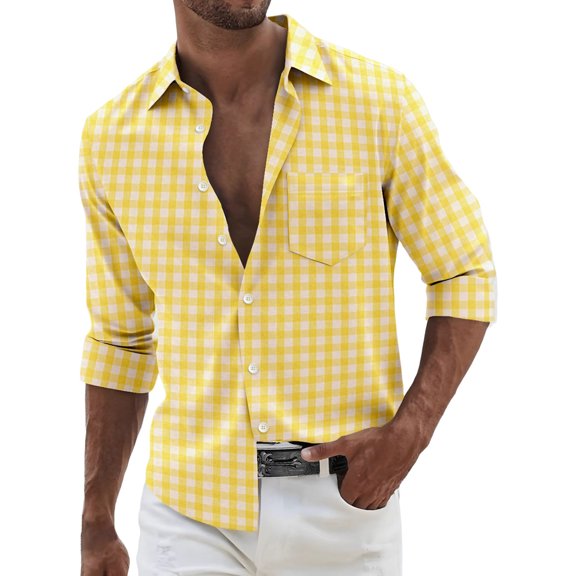 Plaid Shirt Men Long Sleeve Shirt Turn Down Collar Woven Open Front Pocket Decor Casual Shirt Yellow L