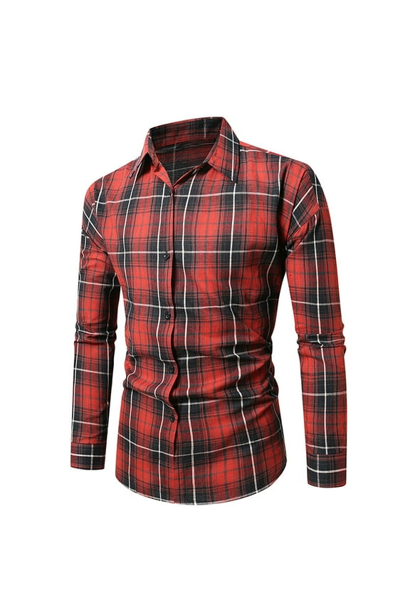 Plaid Shirt Men Printed Long Sleeve Shirt Button Turn Down Collar Casual Loose Fit Spring Fall Top Red M