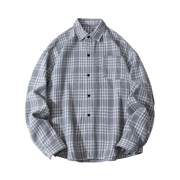Plaid Shirt Men Printed Long Sleeve Shirt Button Turn Down Collar Loose Fit Casual Fall Shirt Grey XL