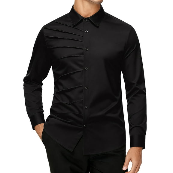 Plaid Shirt Men Solid Business Stand Collar Long Sleeve Formal Shirts Black S