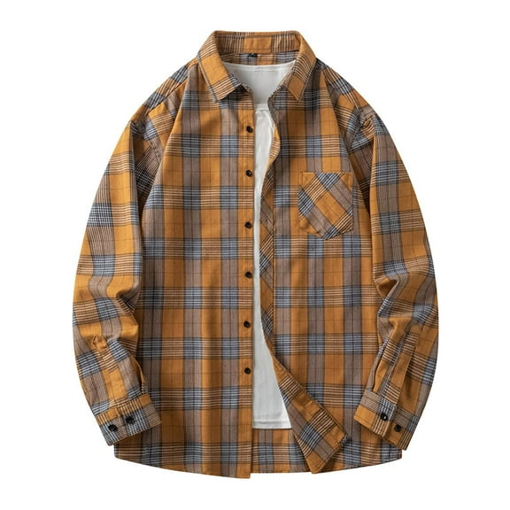 Plaid Shirt Men Vintage Long Sleeve Shirt Casual Drop Shoulder Open Front Button Shirt Spring Fall Orange M