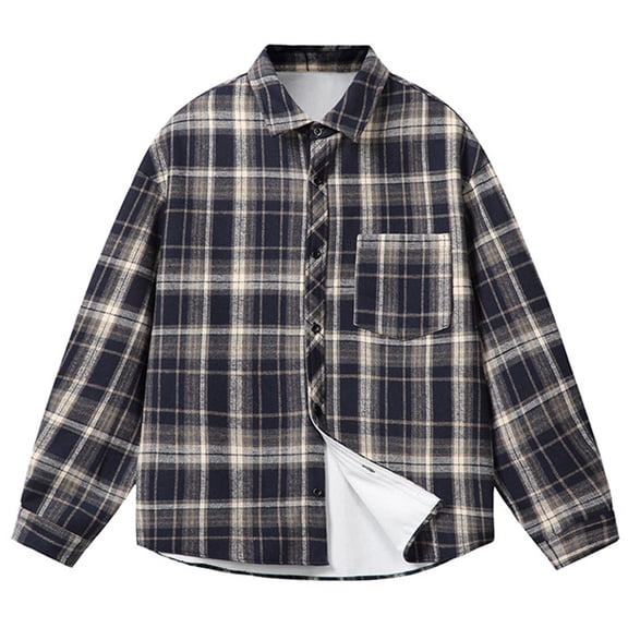 Plaid Shirt Men VintageLined Shirt Long Sleeve Button Turn Down Collar Oversized Top Navy XL
