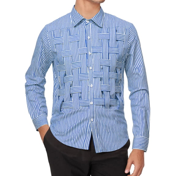 Plaid Shirt Men Woven Stripe Long Sleeve Shirt Button Turn Down Collar Textured Casual Top Blue XL