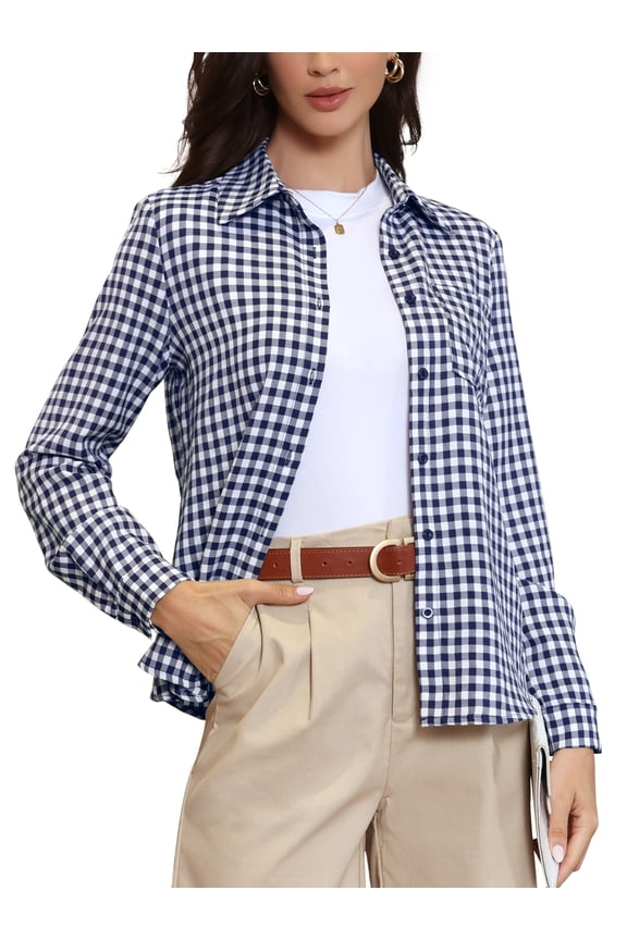Plaid Shirt Women Button Down Long Sleeve Collared Shirts Gingham Top Casual Work Blouse L Blue Plaid