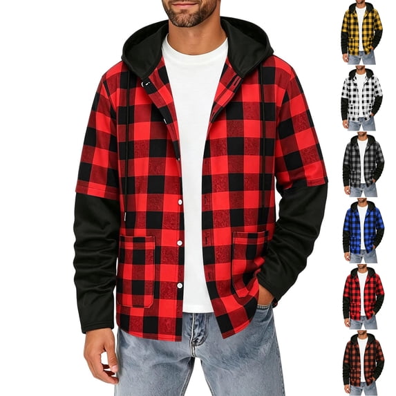 Plaid Shirt for Men Dqueduo Men's Flannel Plaid Long Sleeve Button Down Turn-Down Collar Brushed Lightweight Checkered Shirt Jacket Red L