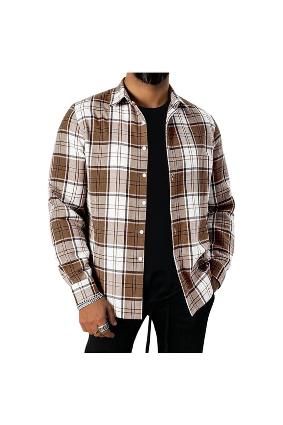 Plaid Shirt for Men Long Sleeve Button Down Shackets Casual Tweed Jackets with Side Pockets Light Brown S