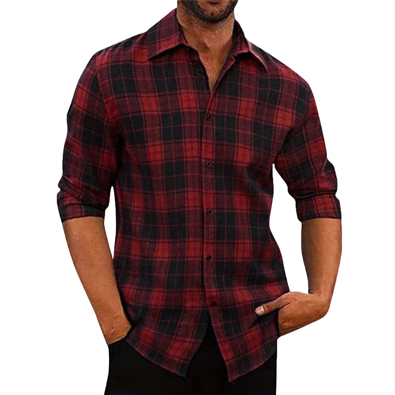 Plaid Shirt for Men Long Sleeve Casual Button-Down Regular Fit Plaid Loose  Tops Lapel Collar Fall Blouse Shirt 