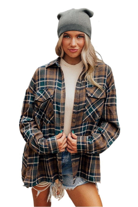 Plaid Shirting Jacket with Chest Flap Pockets - Brown - [ZhiHiMeRi] | (US 8-10)M