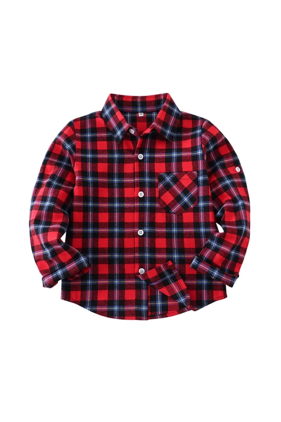 Plaid Shirts For Boys Girls Lapel Button Down Falt Pocket Cardigan Casual Loose Stylish Fall Outwear For Kids (5-6Years, Red-C)