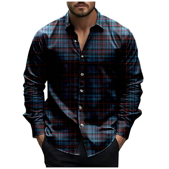 Plaid Shirts Men Button Long Sleeve Tshirts Lapel Neck Jackets Shirt Fashion Loose Lightweight Tees Outfit