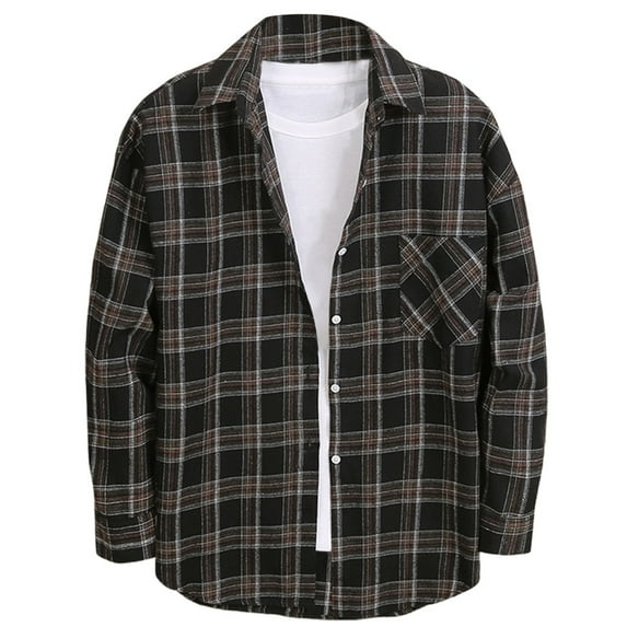 Plaid Shirts Men Casual Long Sleeve Button Down Lapel Shirt Loose Fall Winter Breathable Comfortable Mens Jacket Black M