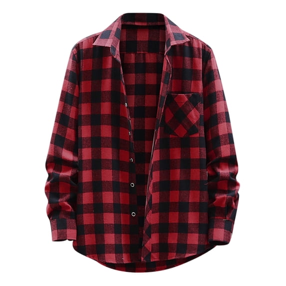 Plaid Shirts Men Casual Trendy Plus Size Baggy Long Sleeve Button Down Lapel Shirt Loose Fall Breathable Lightweight Jackets for Men Red 41