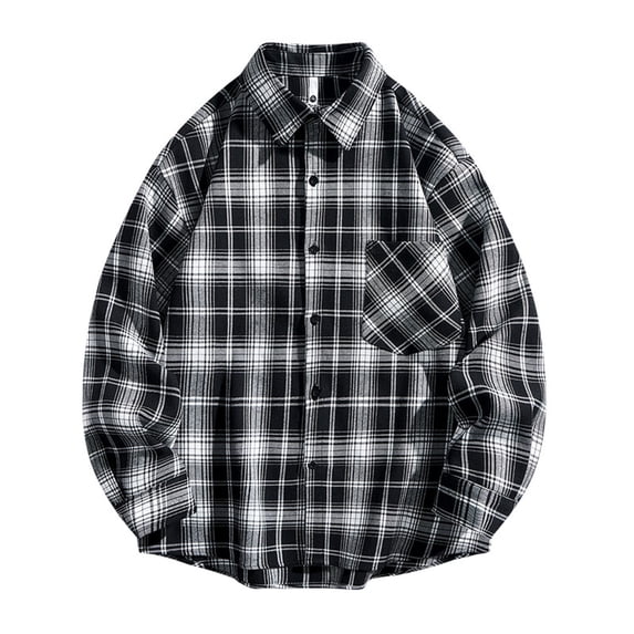 Plaid Shirts Men Fall Casual Trendy Plus Size Long Sleeve Button Down Lapel Shirt Coat Outdoor Activity Loose Comfortable Jackets for Men Black XXL