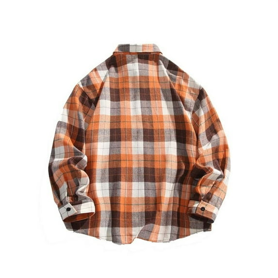 Plaid Shirts Men Retro Plus Size Casual Loose Long Sleeve Button Down Lapel Shirt Coat Fall Comfortable Breathable Jackets for Men Orange L